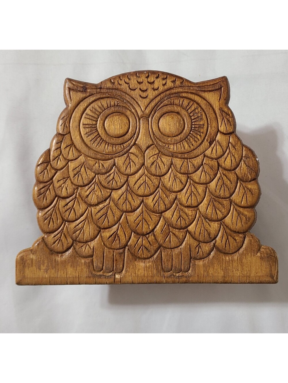 Vtg 70s Carved Wooden Owl Napkin Letter Holder Size 6.5"x5" Retro Desk Organizer